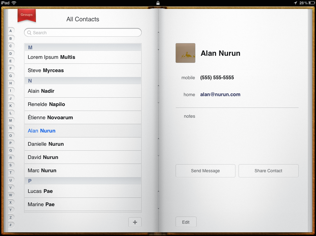 The Contacts app on iPad in iOS6 visually recalls a printed book.